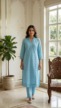 Women Sky Blue Embroidered Cotton Kurta Pant Set