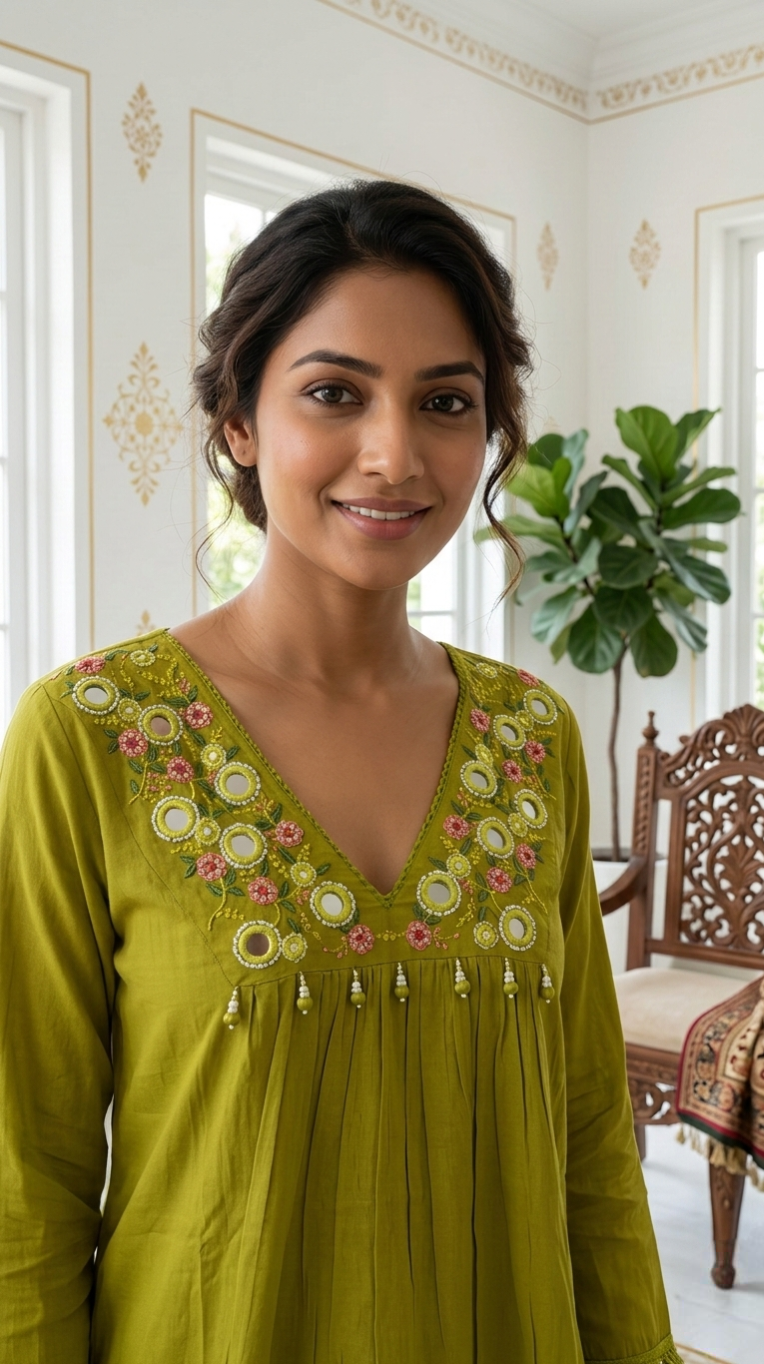 Women Light Green Mirror Work Cotton Kurta Pant Dupatta Set