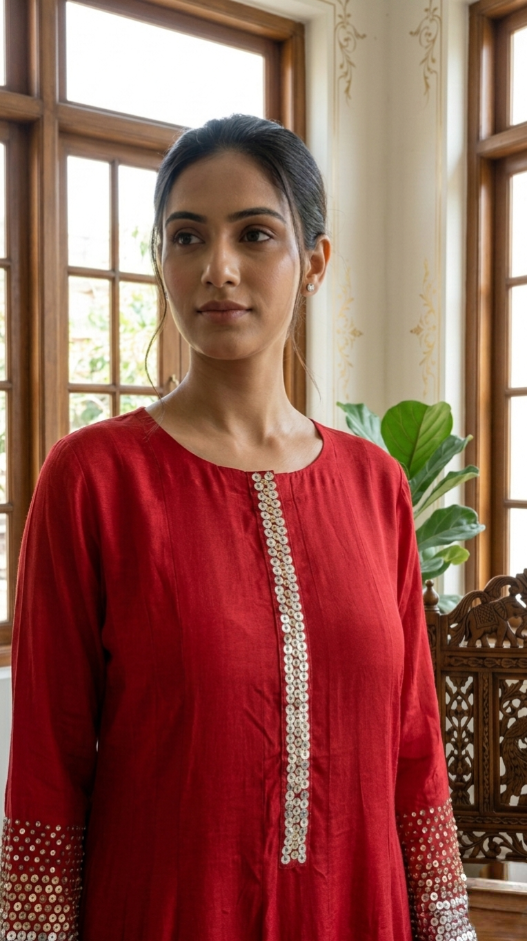 Women Red Embroidered Chinon Kurta Pant Dupatta Set