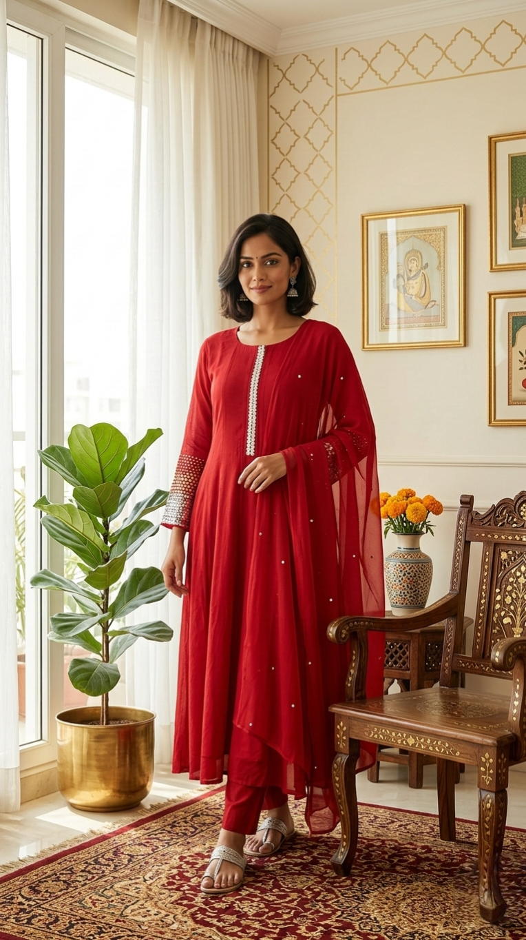 Women Red Embroidered Chinon Kurta Pant Dupatta Set