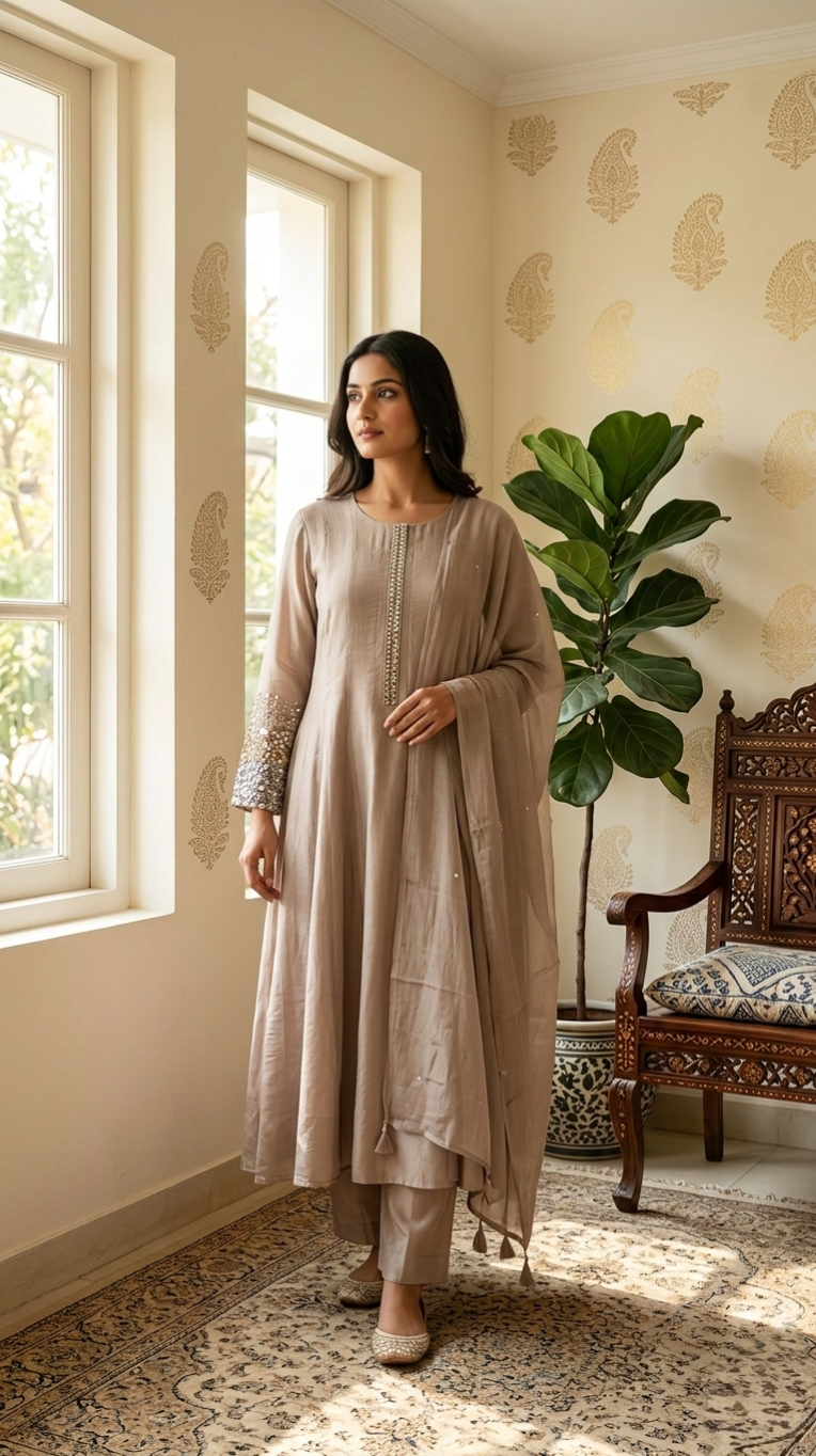 Women Onion Embroidered Chinon Kurta Pant Dupatta Set