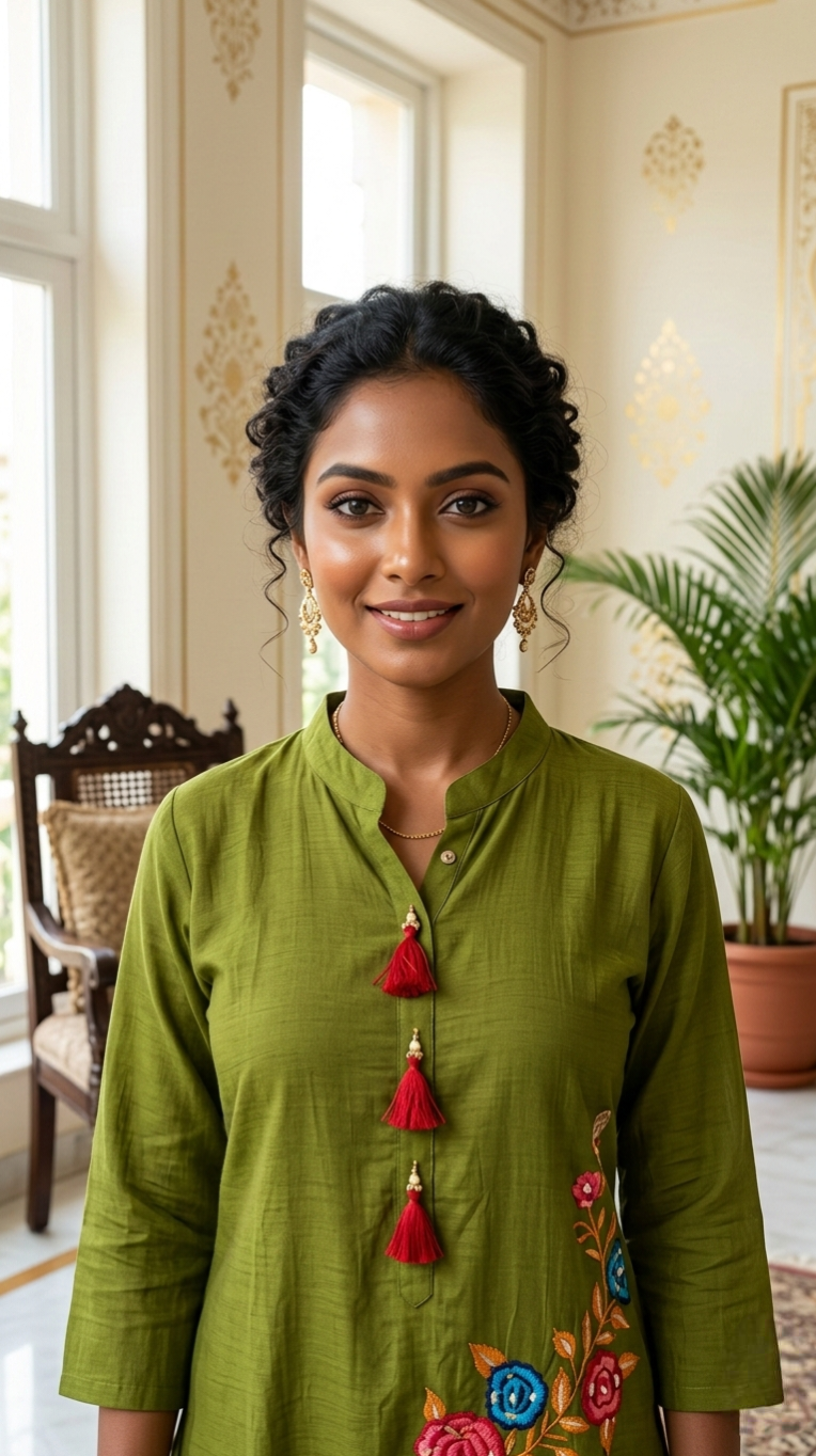 Women Mehendi Embroidered Cotton Kurta Pant Set