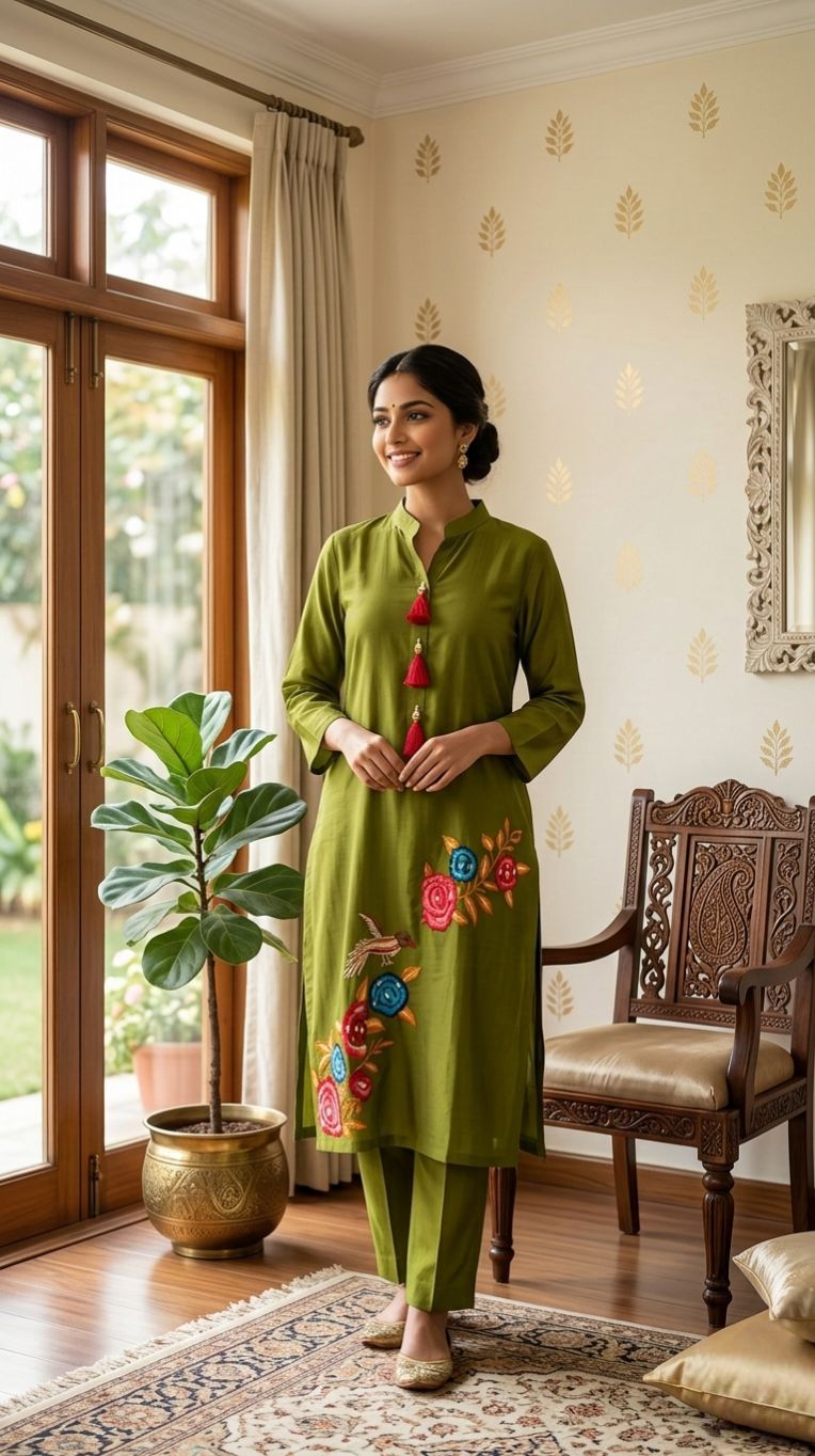 Women Mehendi Embroidered Cotton Kurta Pant Set