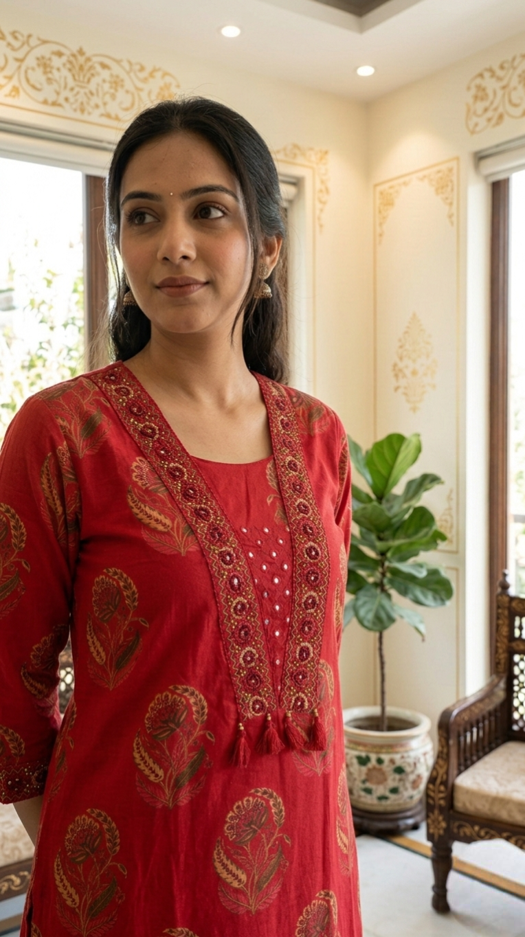 Women Red Embroidered Cotton Kurta Pant Dupatta Set