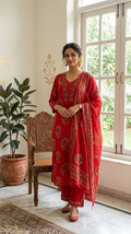 Women Red Embroidered Cotton Kurta Pant Dupatta Set