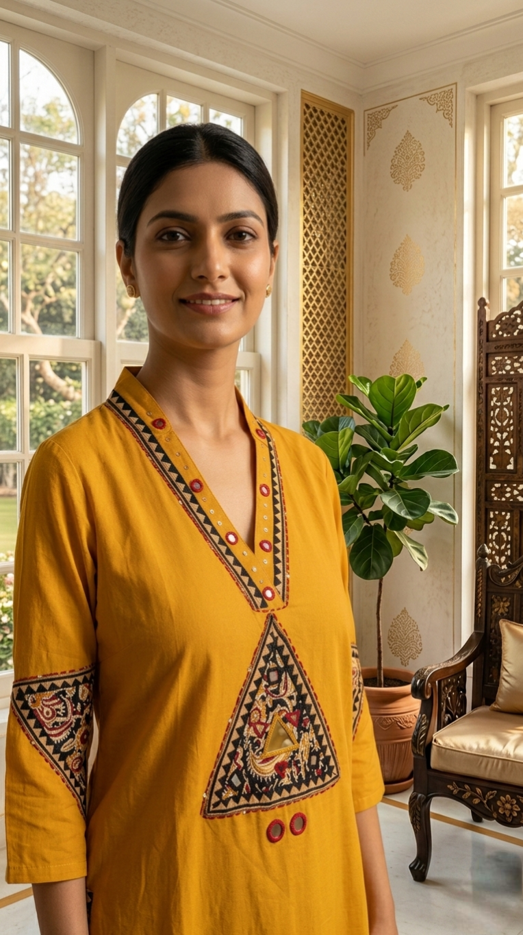 Women Yellow Mirror With Path Work Cotton Kurta Pant Dupatta Set