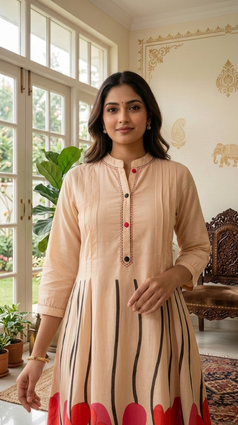 Women Beige Thread Work Cotton Kurta Pant Set