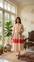 Women Beige Thread Work Cotton Kurta Pant Set