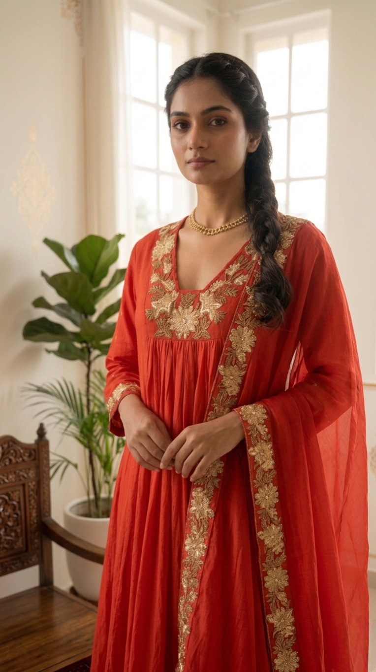 Women Rust Embroidered Cotton Kurta Pant Dupatta Set