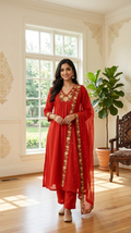 Women Rust Embroidered Cotton Kurta Pant Dupatta Set