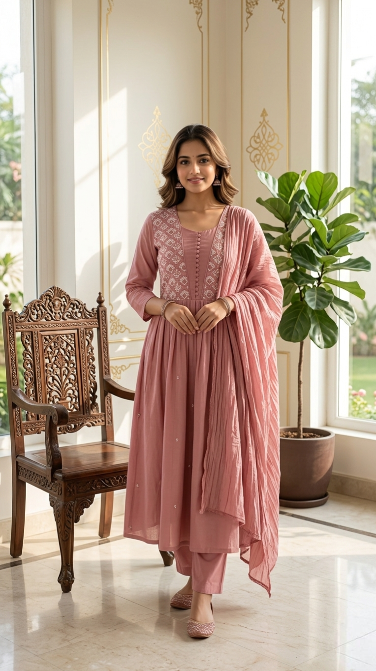 Women Pitch Thread Work Cotton Kurta Pant Dupatta Set