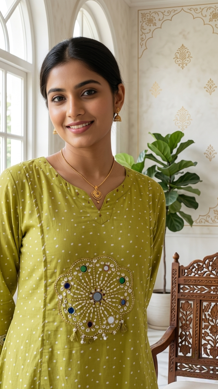 Women Pastel Green Mirror Work Cotton Kurta Pant Dupatta Set