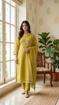 Women Pastel Green Mirror Work Cotton Kurta Pant Dupatta Set