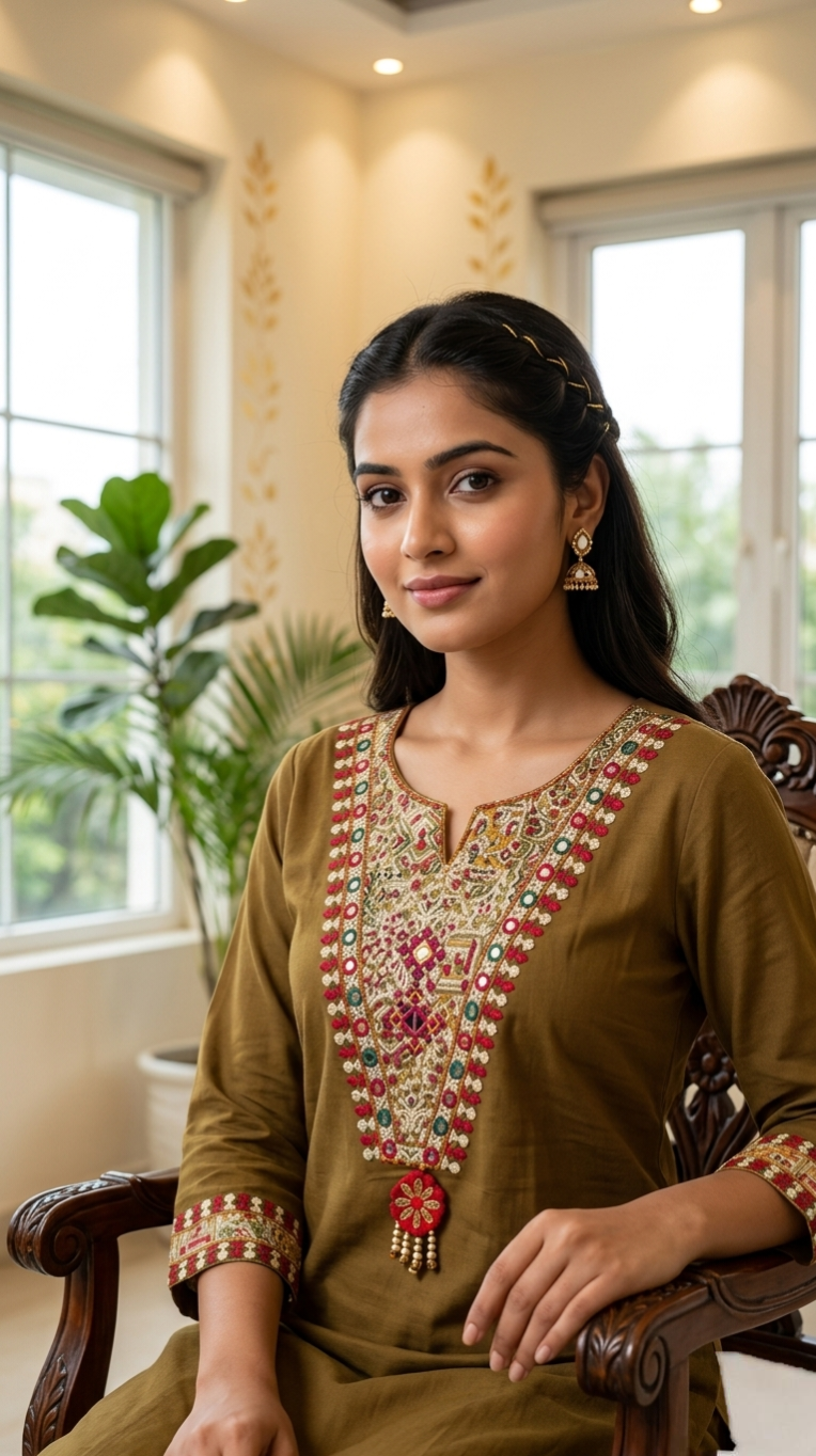 Women Brown Mirror With Thread Work Cotton Kurta Pant Dupatta Set