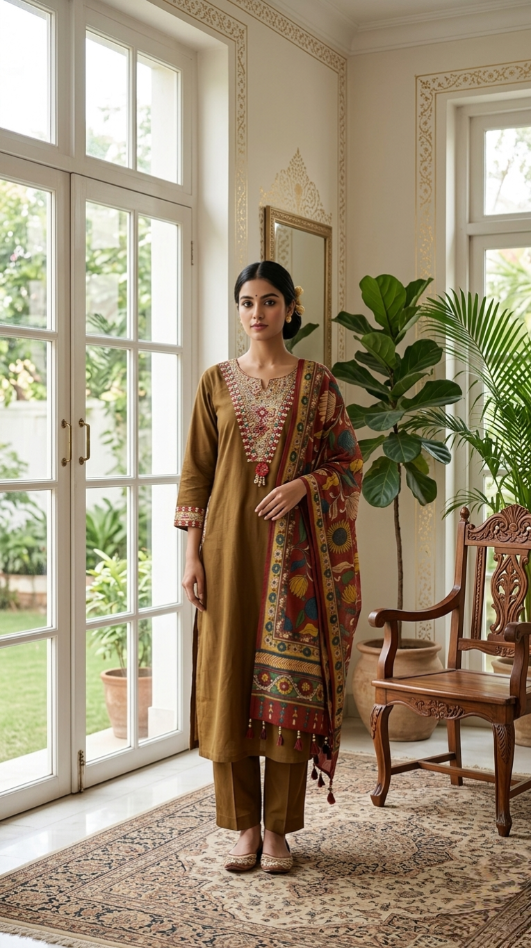 Women Brown Mirror With Thread Work Cotton Kurta Pant Dupatta Set