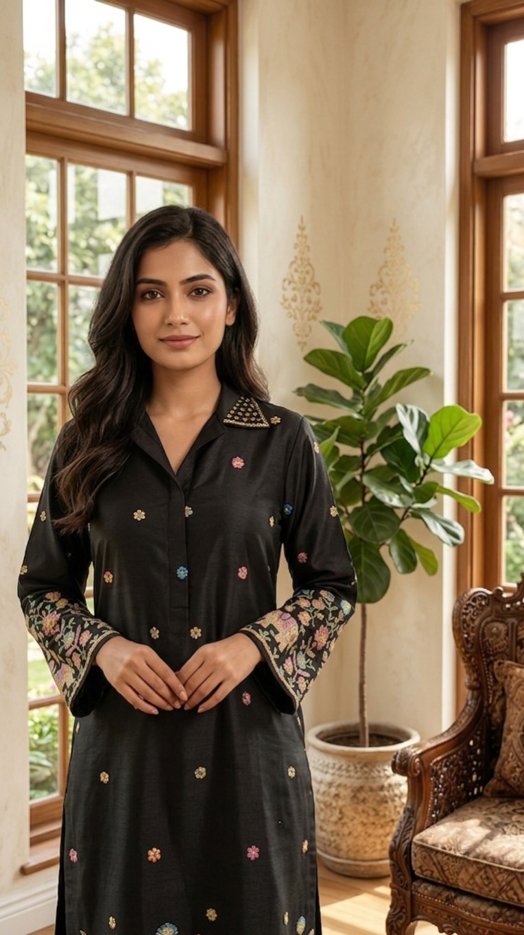 Women Black Zari Embroidery Cotton Coord Set