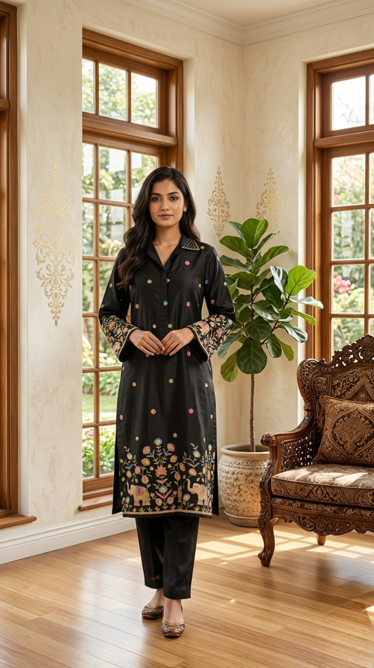 Women Black Zari Embroidery Cotton Coord Set