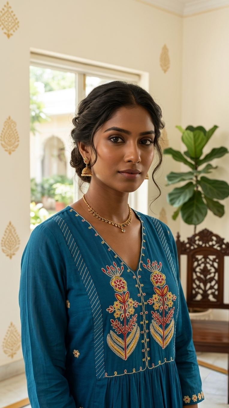 Women  Blue Thread & Beads Embroidered Mul Cotton Kurta Pant And Dupatta Set