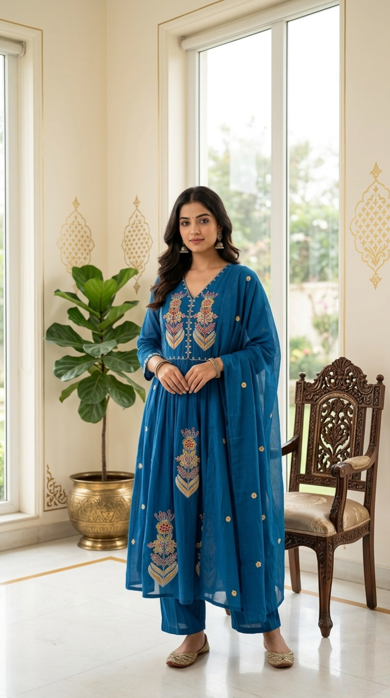 Women  Blue Thread & Beads Embroidered Mul Cotton Kurta Pant And Dupatta Set