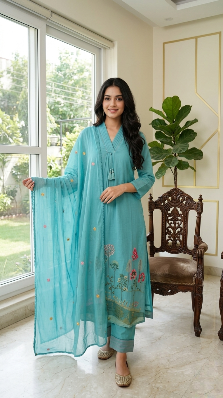 Women Light Blue Thread Embroidered Pure Cotton Kurta Pant And Dupatta Set