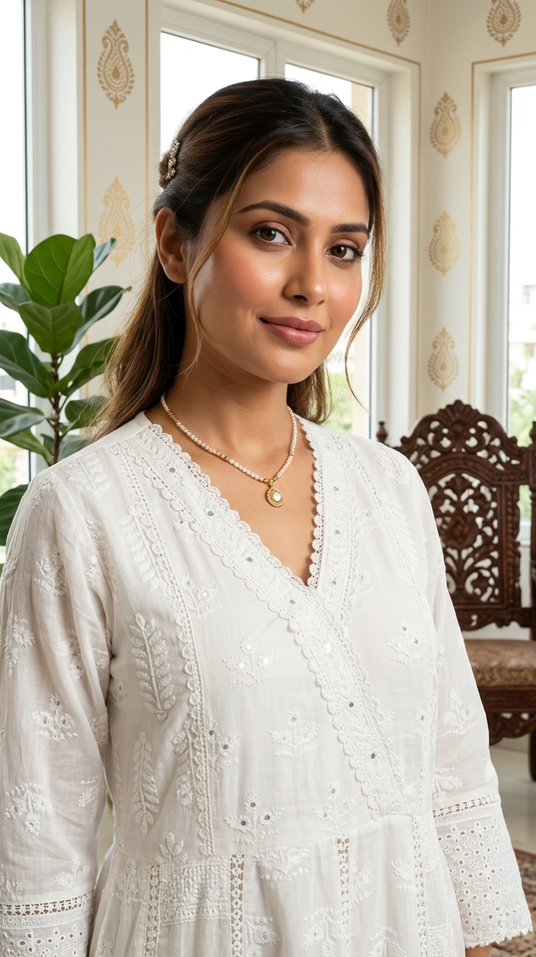 Women White Thread Embroidred Anarkali Style Cotton Kurta Pant And Dupatta Set