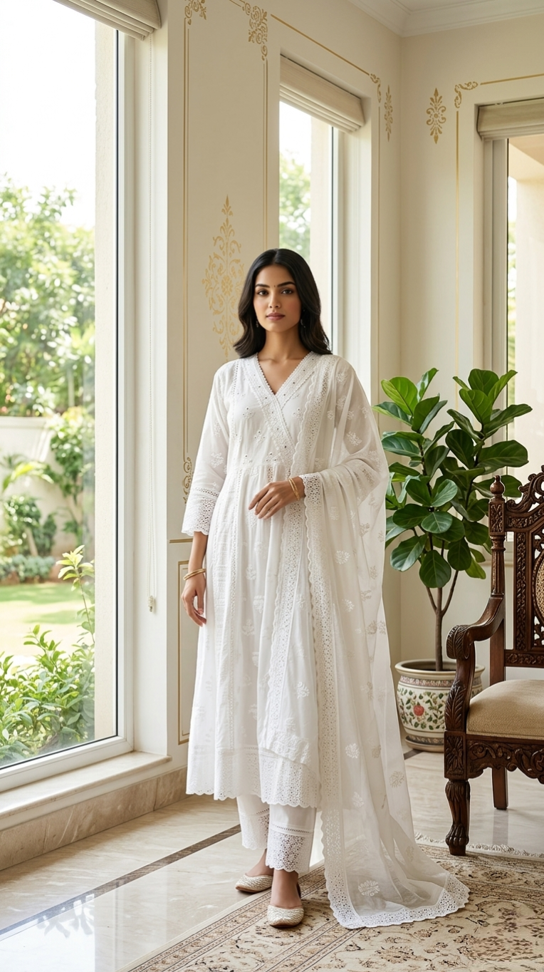 Women White Thread Embroidred Anarkali Style Cotton Kurta Pant And Dupatta Set