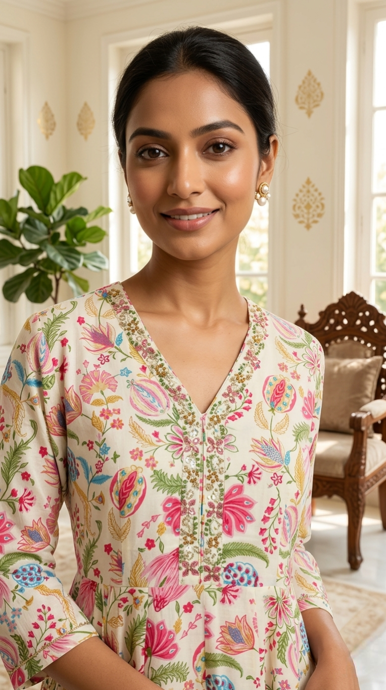 Women Multicolour printed Beads Embroidered Kurta Pant Dupatta Set