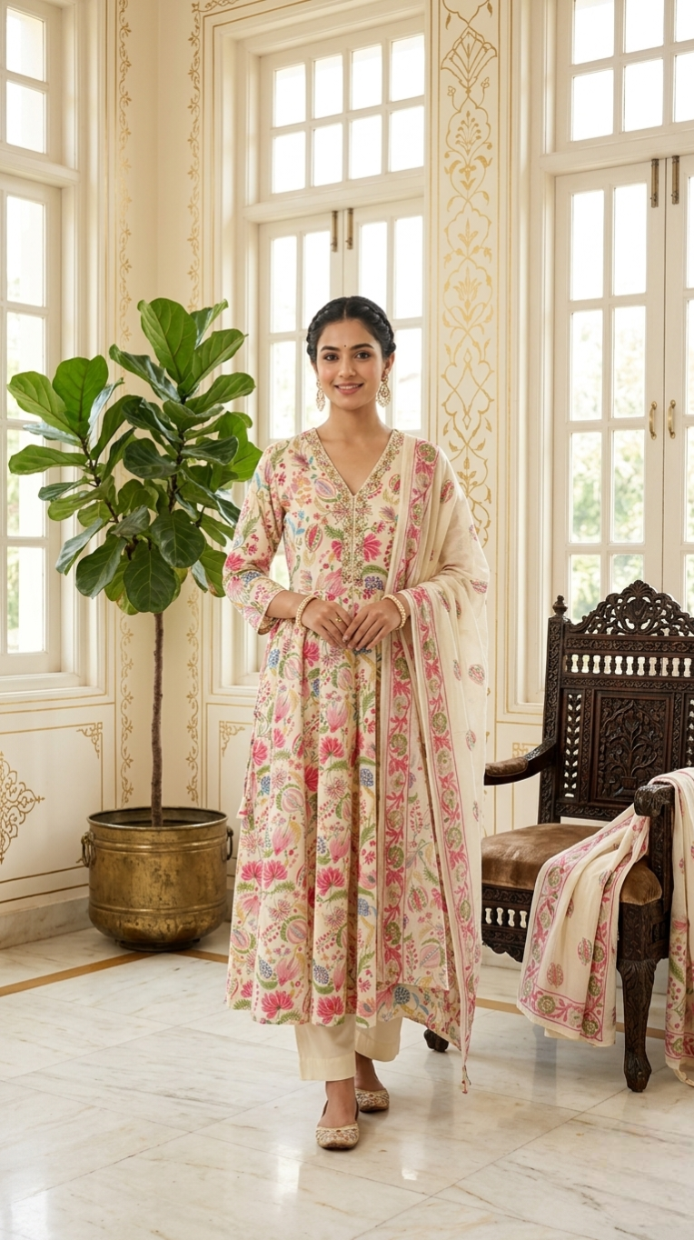 Women Multicolour printed Beads Embroidered Kurta Pant Dupatta Set