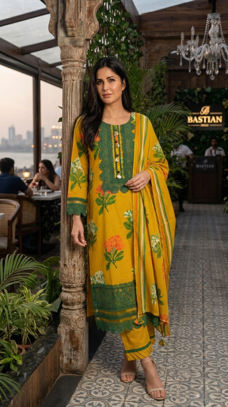Women Mustard Yellow Lace Embroidery  Cotton Kurta Pant Dupatta Set