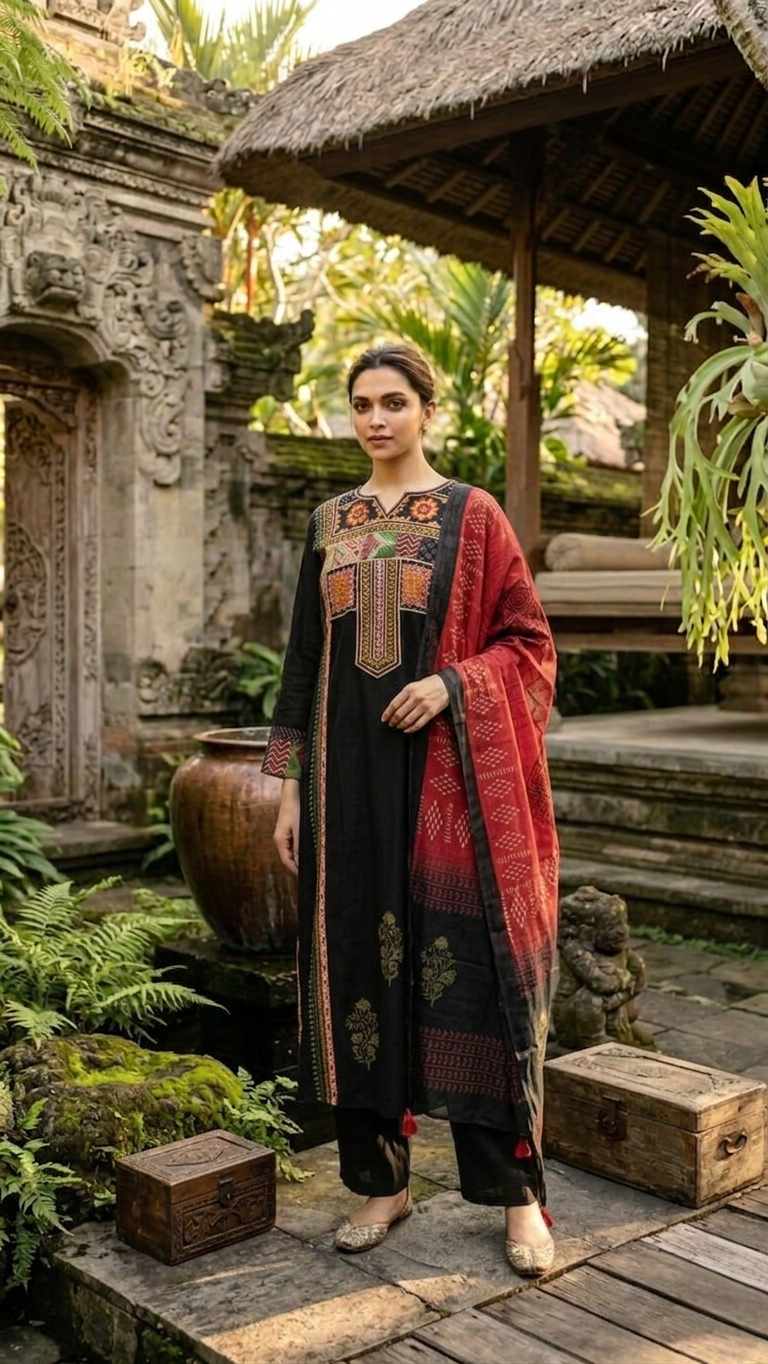 Women Black Patch Withv ELegant Embroidery Cotton Kurta Pant Dupatta Set
