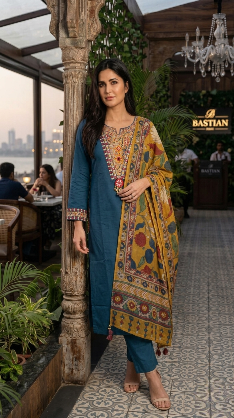 Women Blue Patch With Mirror Work Cotton Kurta Pant Dupatta Set