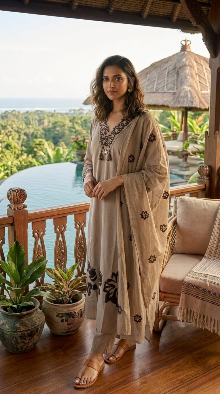 Women Light Brown Mirror Work Cotton Kurta Pant Dupatta Set