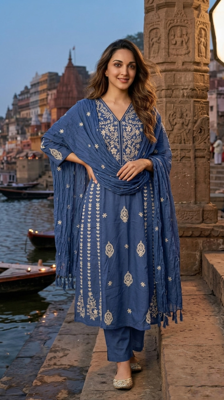 Women Navy Blue Thread Work Cotton Kurta Pant Dupatta Set