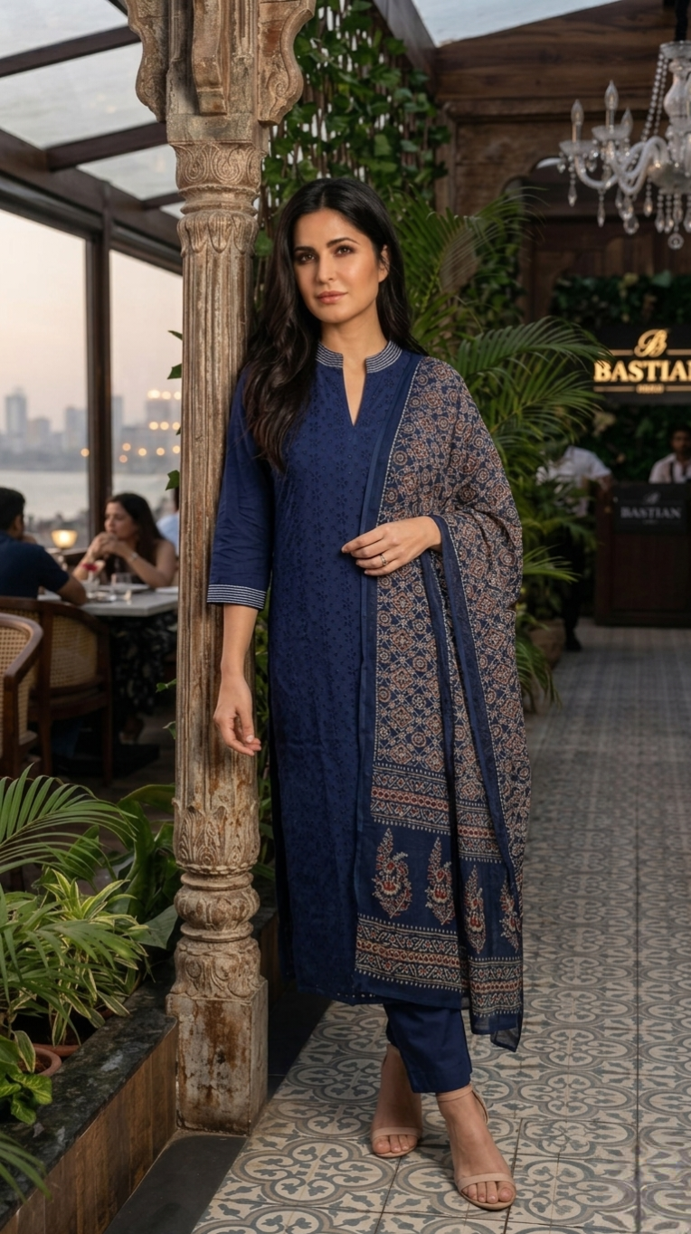 Women Navy Blue Elegant Embroidery Cotton Kurta Pant Dupatta Set