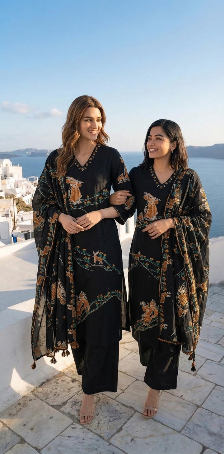 Women Black Elegant Printed Embroidery Cotton Kurta Pant Dupatta Set