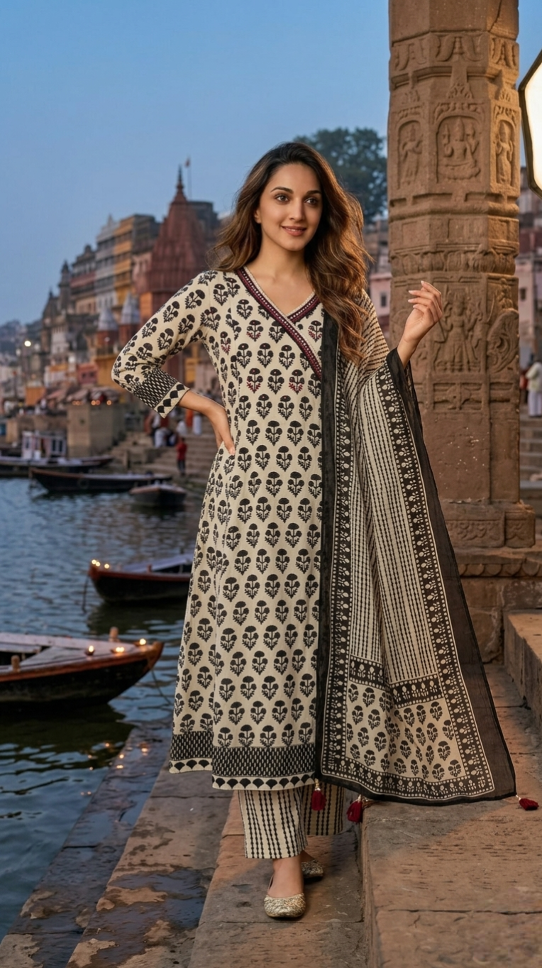 Women Beige Printed Cotton Kurta Pant Dupatta Set