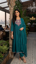 Women Teal Blue Zari Embroidery Mul Cotton Kurta Pant Dupatta Set