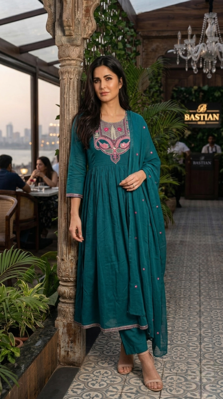 Women Teal Blue Zari Embroidery Mul Cotton Kurta Pant Dupatta Set