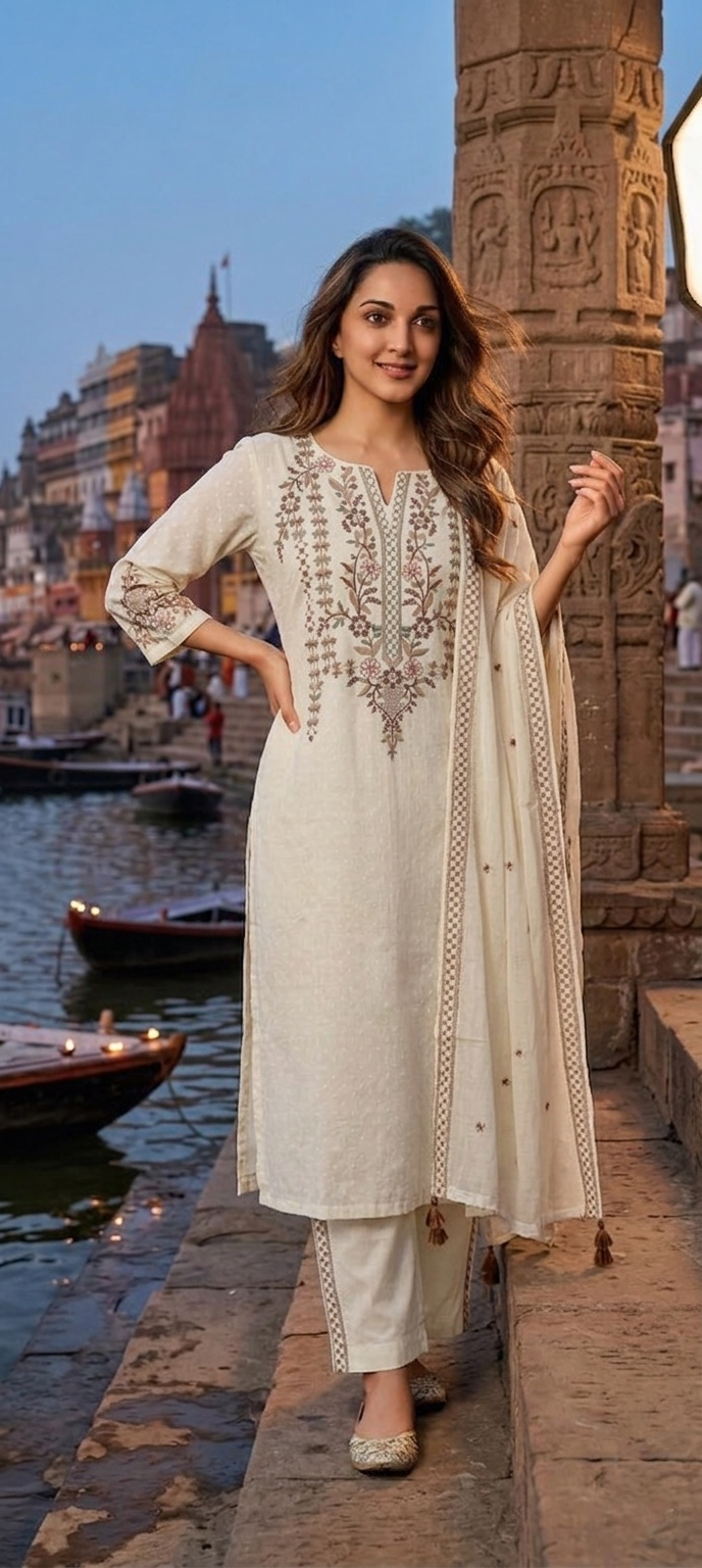 Women Off White Thread Embroidery Mul Cotton Kurta Pant Dupatta Set