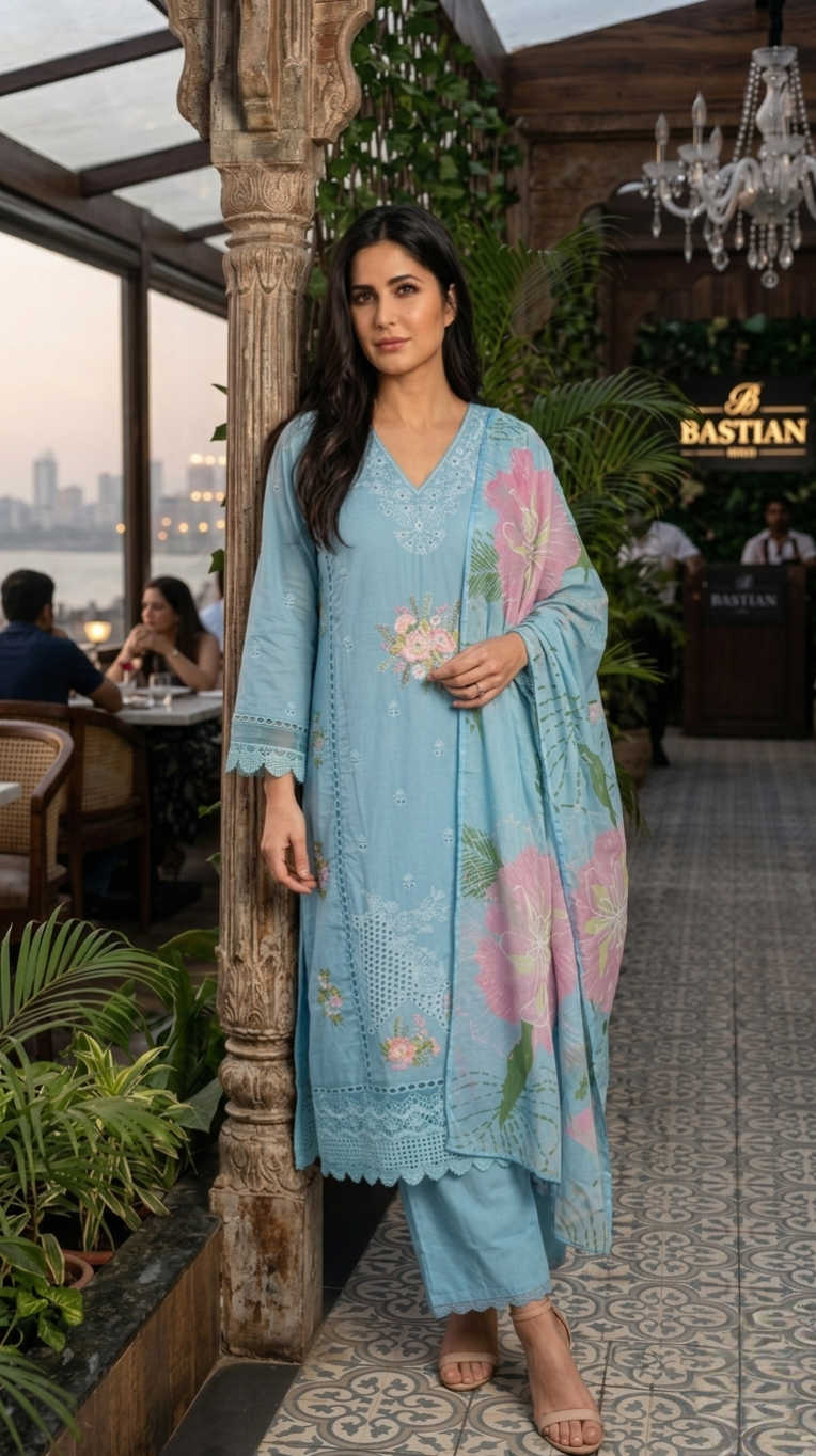 Women Sky Blue Thread Embroidery Pure Cotton Kurta Pant Dupatta Set