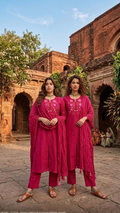 Women Pink Floral Embroidered Cotton Kurta Pant Dupatta Set