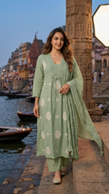 Women Pista Green Thread Embroidered Cotton Kurta Pant Dupatta Set