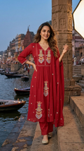 Women Red Zari Embroidered Cotton Kurta Pant Dupatta Set