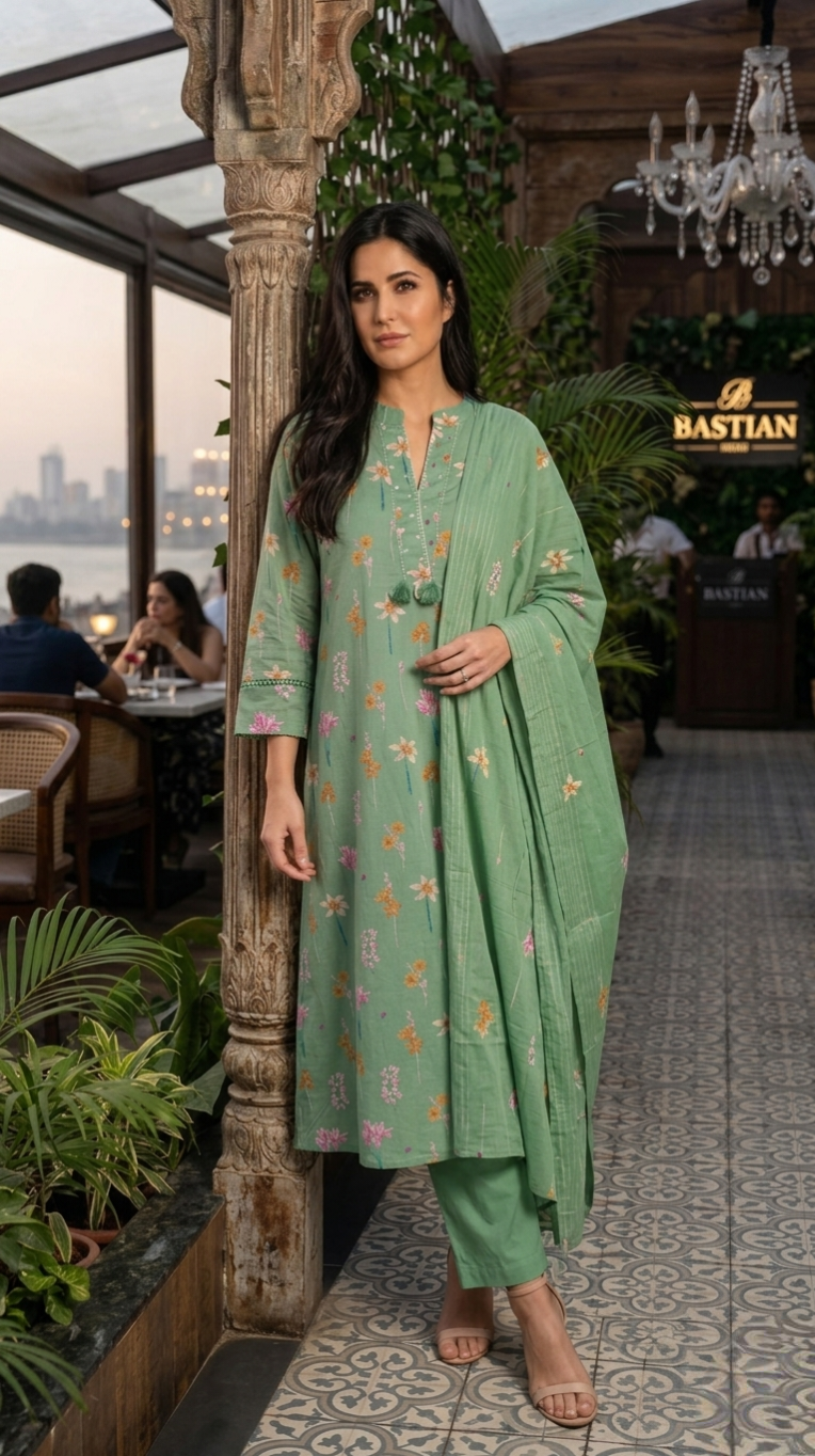 Women Pista Green Printed Cotton Kurta Pant Dupatta Set