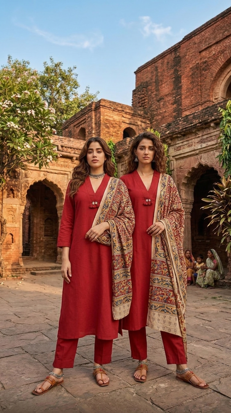 Women Red Embroidered Cotton Kurta Pant Dupatta Set