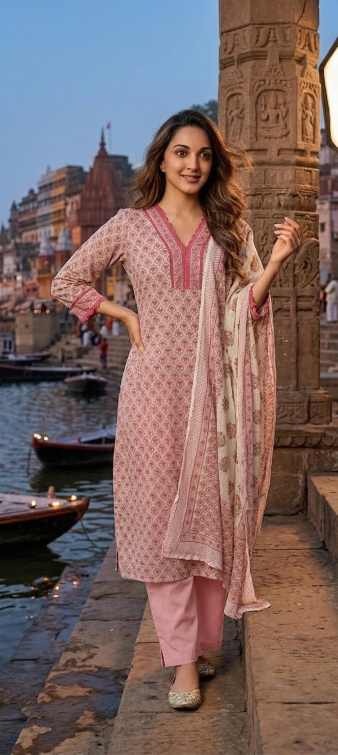 Women Pitch Printed Cotton Kurta Pant Dupatta Set