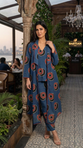 Women Blue Printed Cotton Kurta Pant Set