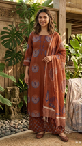 Women Brown Embroidered  Cotton Kurta Pant Dupatta Set