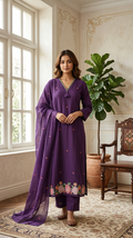 Women Purple Thread Embroidered Cotton Kurta Pant Dupatta Set