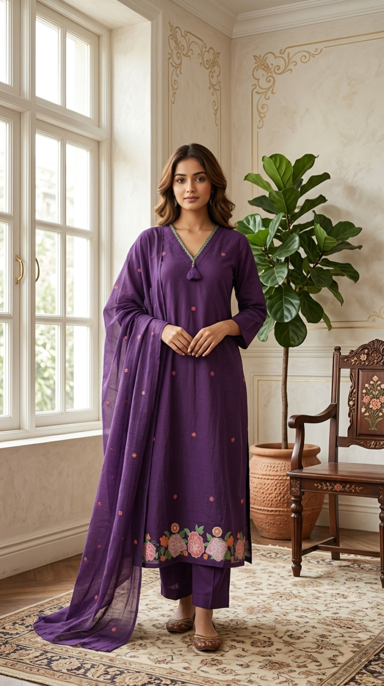 Women Purple Thread Embroidered Cotton Kurta Pant Dupatta Set